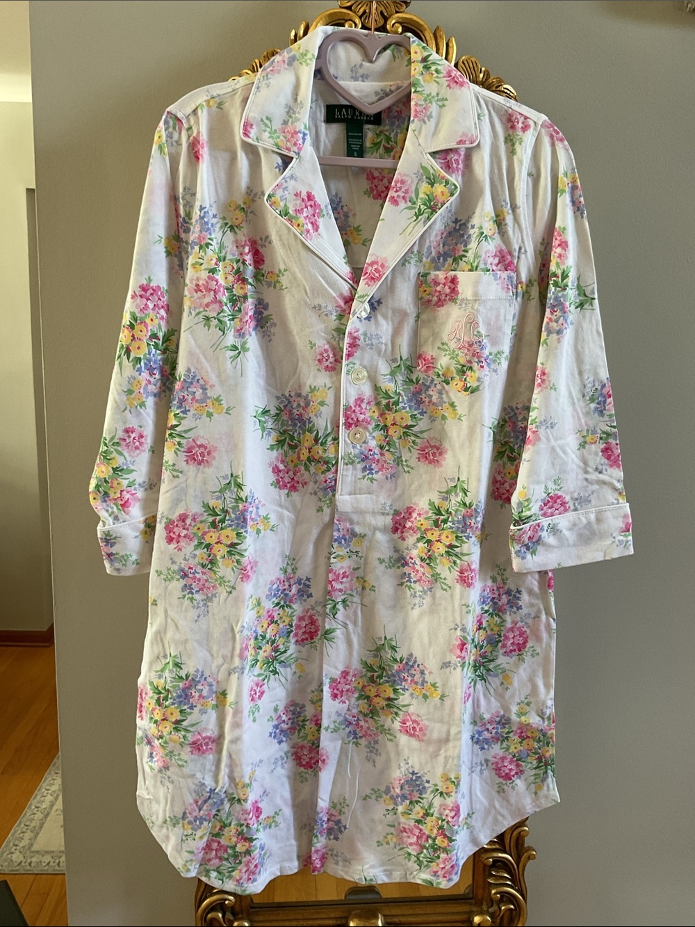 Lauren Ralph Lauren White Pastel Floral Cotton Button Pajama Night Shirt S